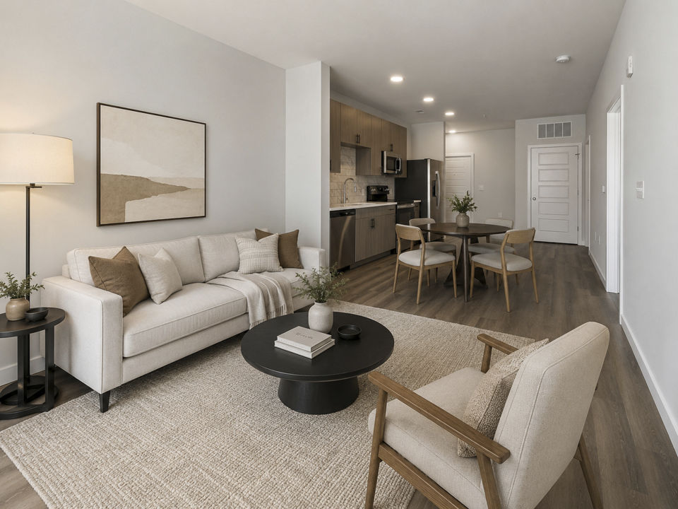 Spacious living room with stylish decor at The Slater Apartments, featuring luxury living options in urban settings