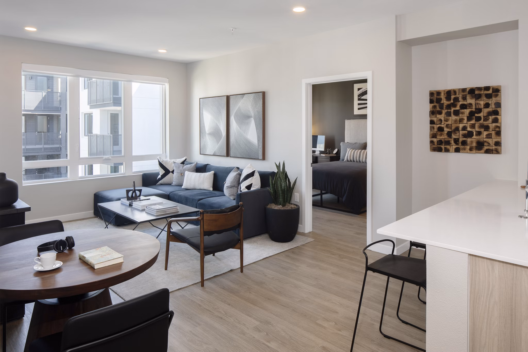Dining area featuring elegant lighting and modern decor at Sofia Apartments