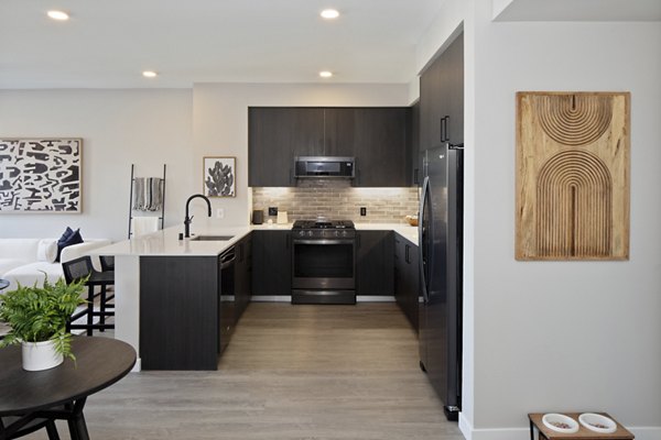 Modern kitchen featuring stainless steel appliances and marble countertops at Sofia Apartments