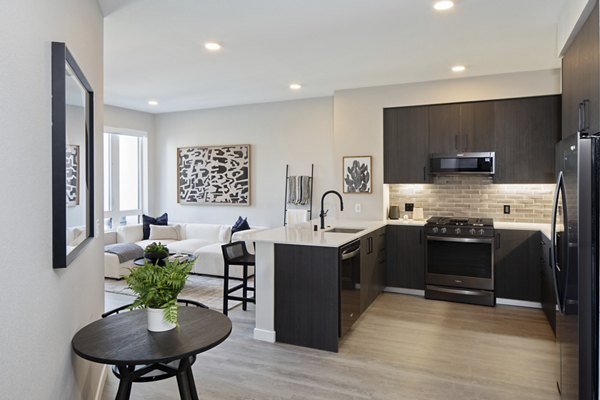 Sleek modern kitchen with stainless steel appliances at Sofia Apartments
