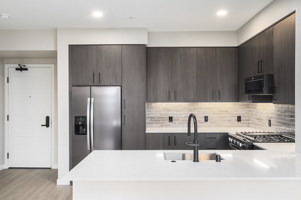 Modern kitchen featuring stainless steel appliances and granite countertops in Sofia Apartments