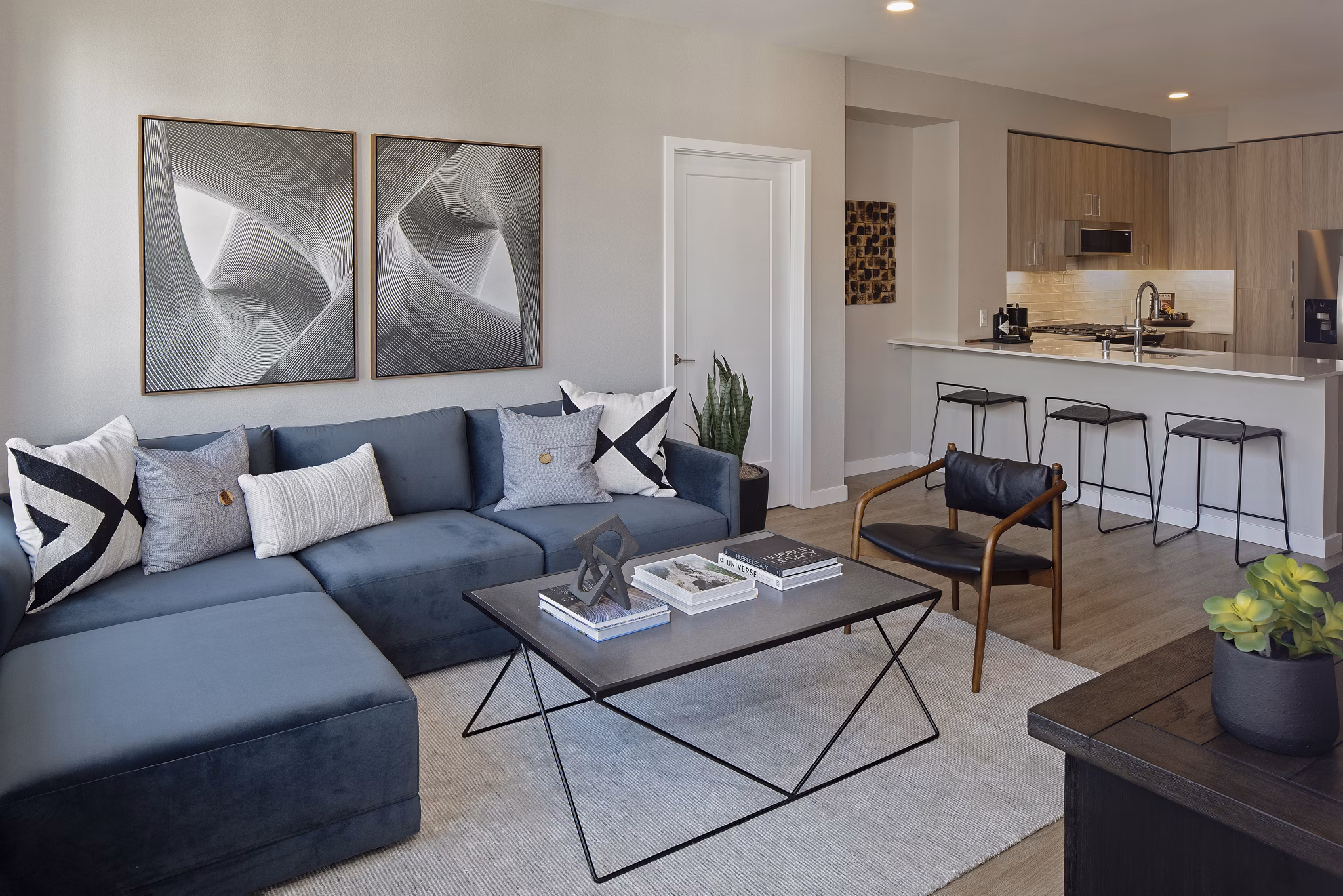 Spacious living room with modern furnishings at Sofia Apartments, Greystar luxury residences