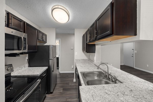 Modern kitchen with stainless steel appliances at Sunstone Apartments, luxury living by Greystar