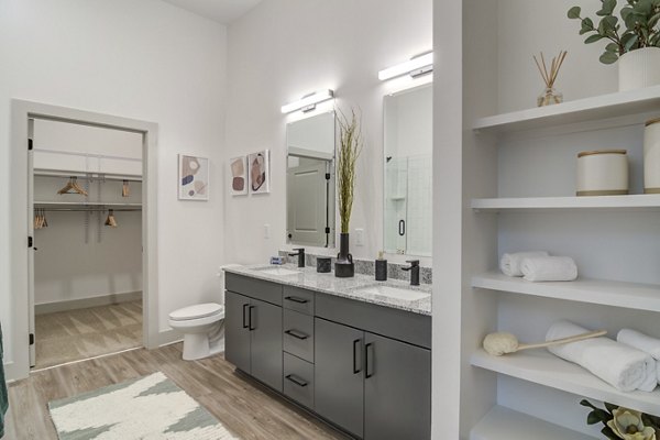 Luxurious bathroom with modern fixtures at Solis Gainesville Apartments, ideal for comfort and style seekers