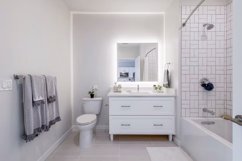 Modern bathroom with sleek fixtures at Riverside Wilton Apartments, offering luxury and comfort in a serene setting