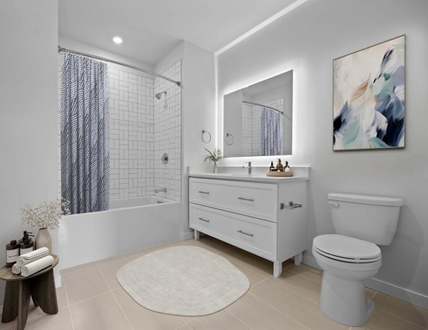 Modern bathroom with sleek fixtures at Riverside Wilton Apartments: luxury living in a serene setting