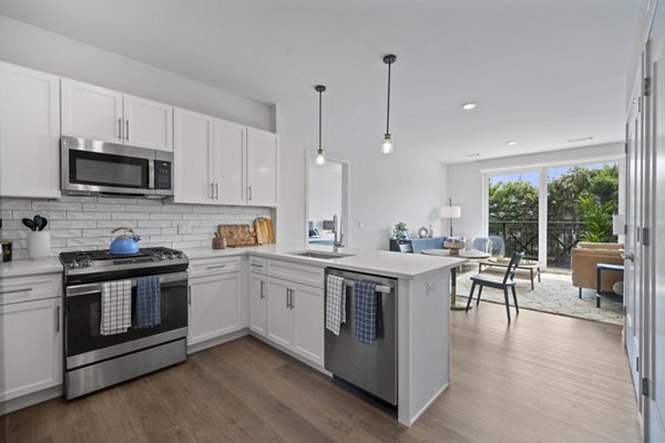 Modern kitchen with stainless steel appliances at Riverside Wilton Apartments