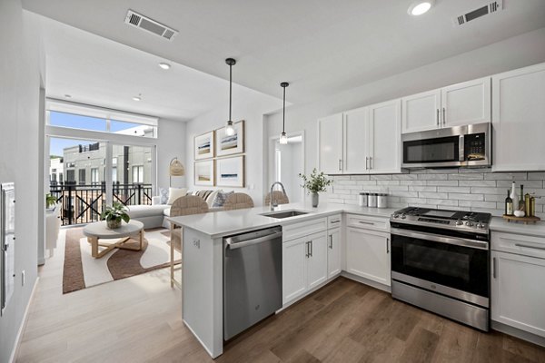 Modern kitchen with stainless steel appliances at Riverside Wilton Apartments