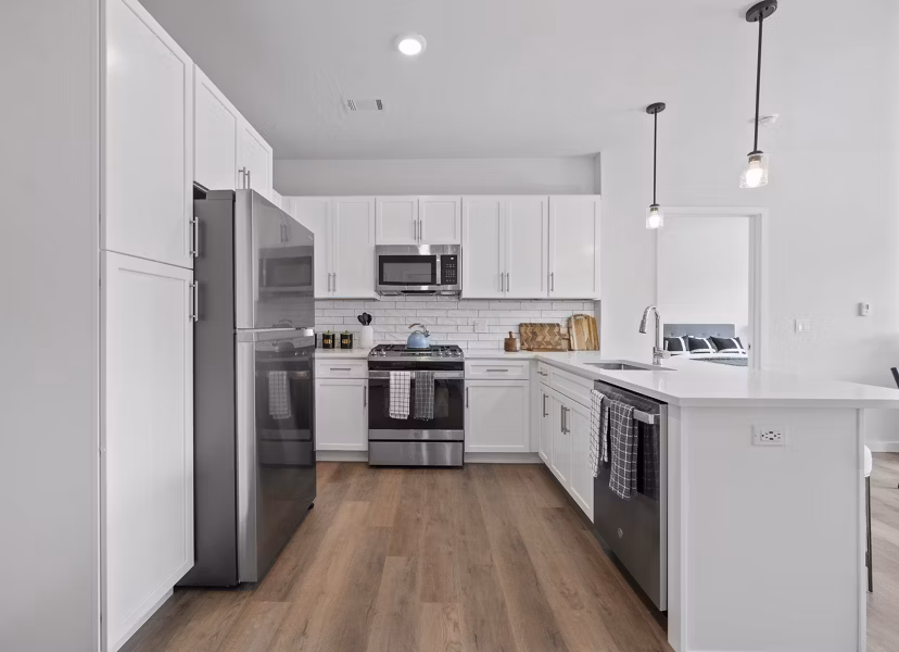 Modern kitchen featuring stainless steel appliances and granite countertops in Riverside Wilton Apartments