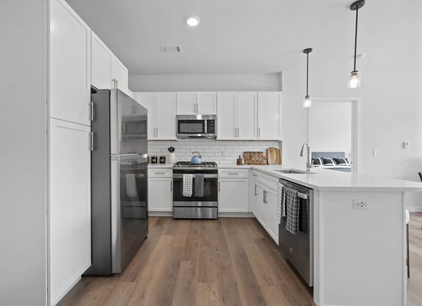 Modern kitchen featuring stainless steel appliances and granite countertops in Riverside Wilton Apartments