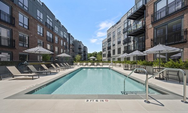 Resort-style swimming pool at Riverside Wilton Apartments featuring lounge chairs and palm trees