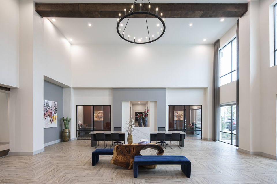Elegant clubhouse with modern design elements at Broadstone Frontera Ridge Apartments