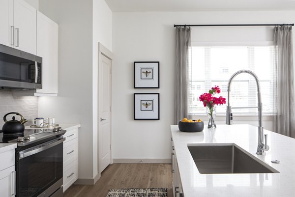 Modern kitchen with sleek countertops and stainless-steel appliances in Broadstone Frontera Ridge Apartments