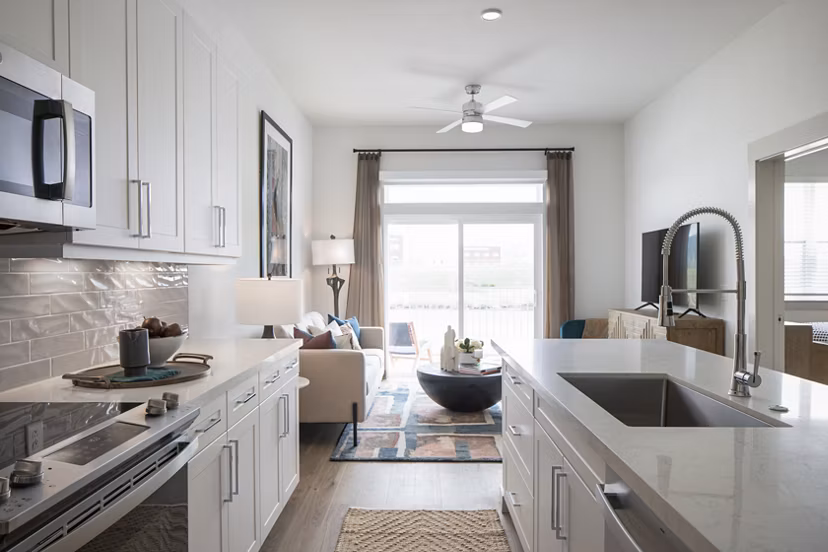 Modern kitchen with stainless steel appliances at Broadstone Frontera Ridge apartments