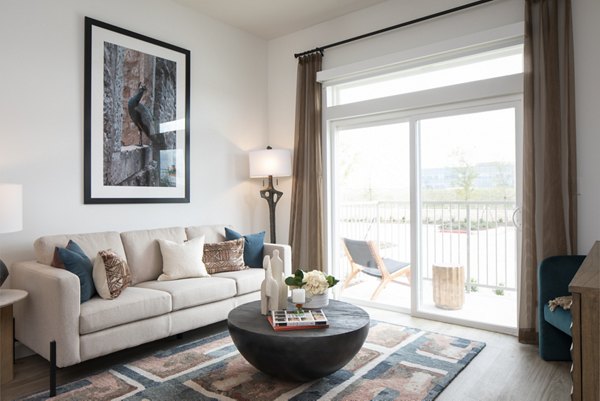 Spacious living room with modern decor at Broadstone Frontera Ridge Apartments