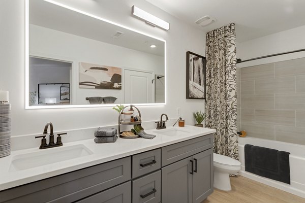 Elegant bathroom with sleek fixtures in Elliston 23 Apartments, Greystar's luxury living in Nashville
