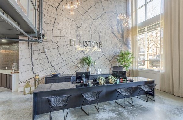 Lobby with stylish seating and decor at Elliston 23 Apartments' clubhouse