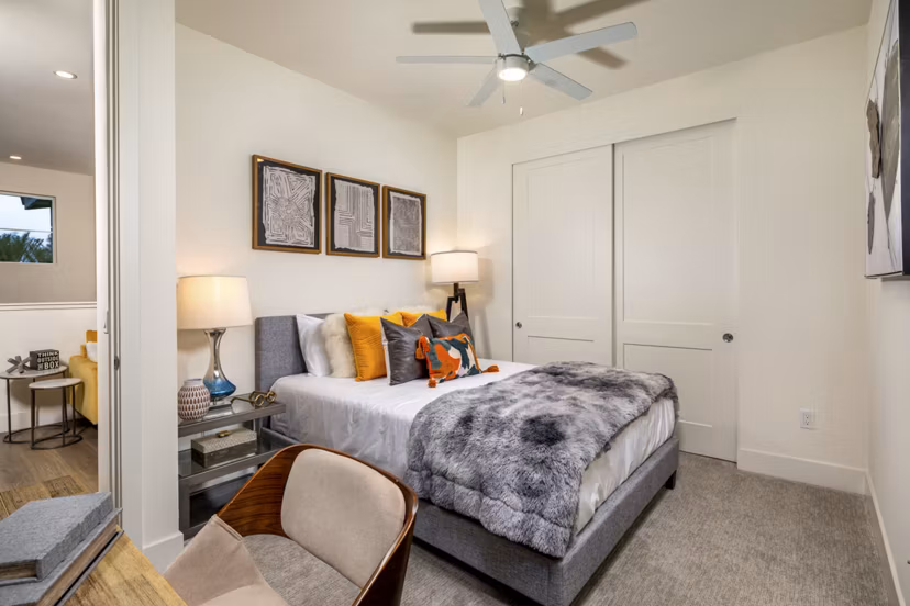 Spacious bedroom with modern decor at SolTerra Apartments featuring luxury living comforts