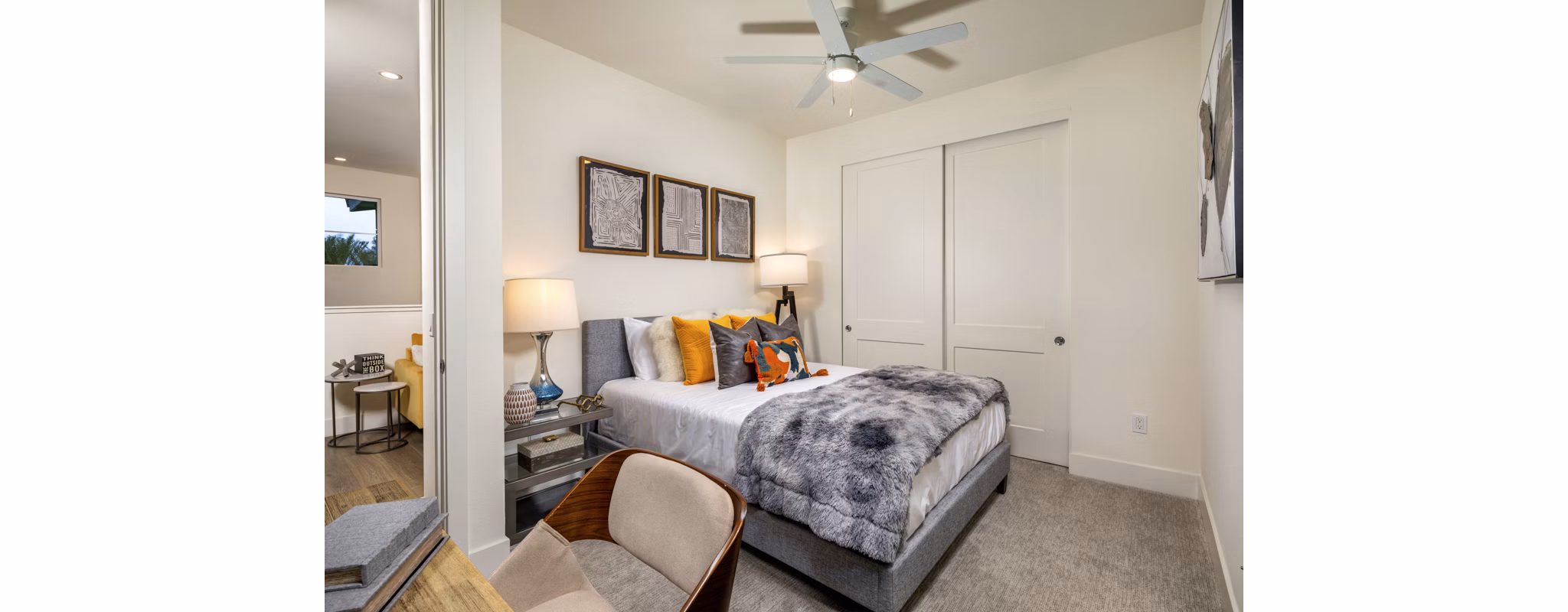 Spacious bedroom with modern decor at SolTerra Apartments featuring luxury living comforts