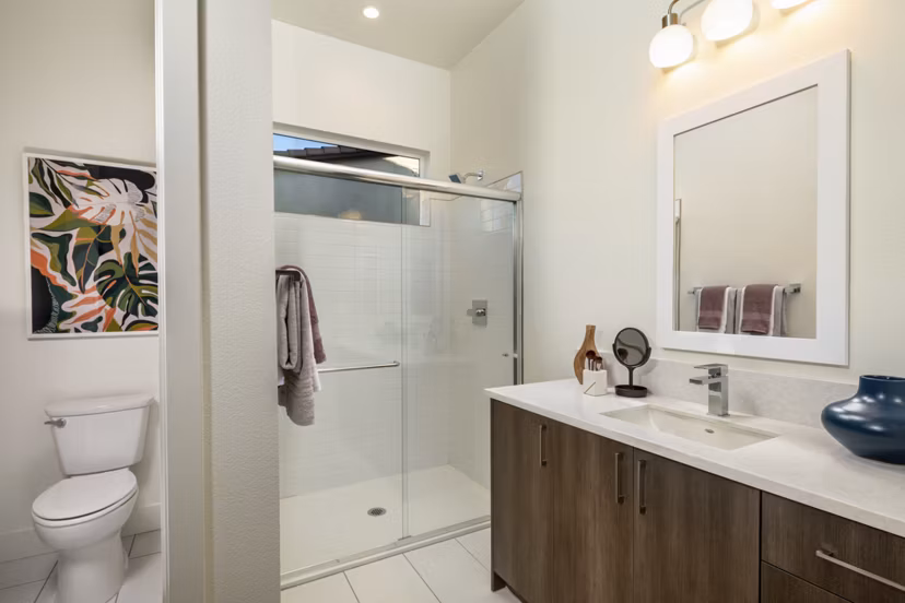 Modern bathroom with elegant fixtures at SolTerra Apartments in luxury living setting