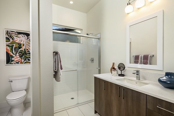 Modern bathroom with elegant fixtures at SolTerra Apartments in luxury living setting