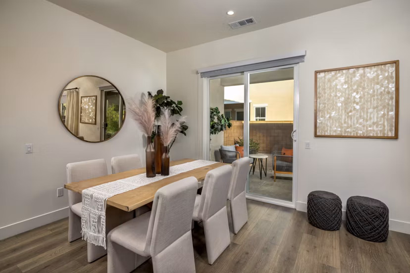 Dining area with modern design and elegant seating at SolTerra Apartments, a luxury property managed by Greystar