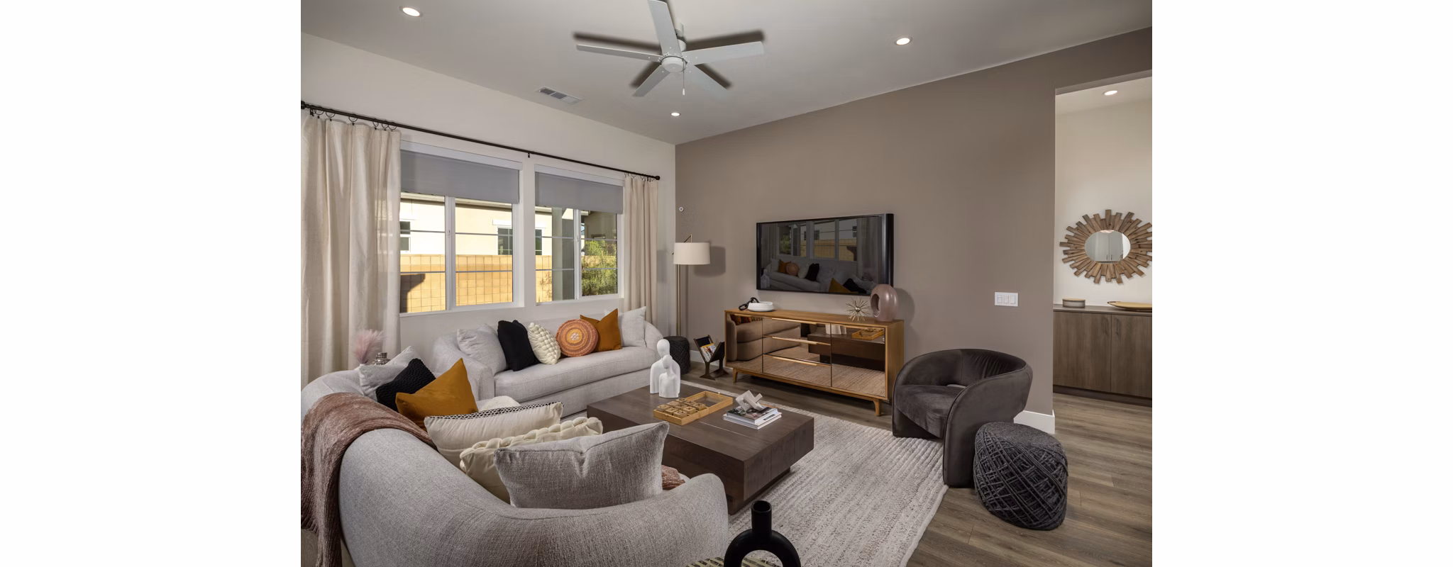 Stylish living room with contemporary furnishings at SolTerra Apartments in scenic surroundings