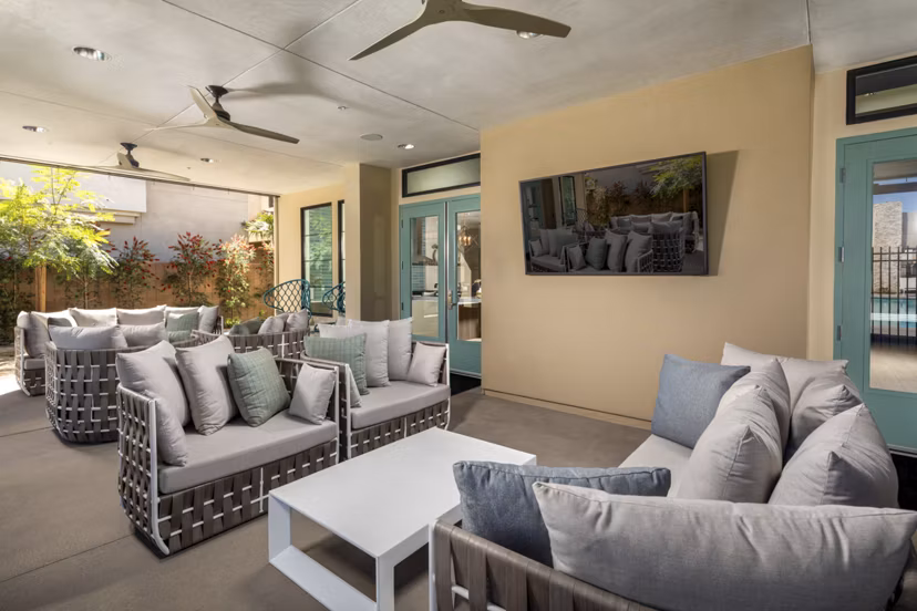 Inviting courtyard with landscaped gardens at SolTerra Apartments, a luxury living community