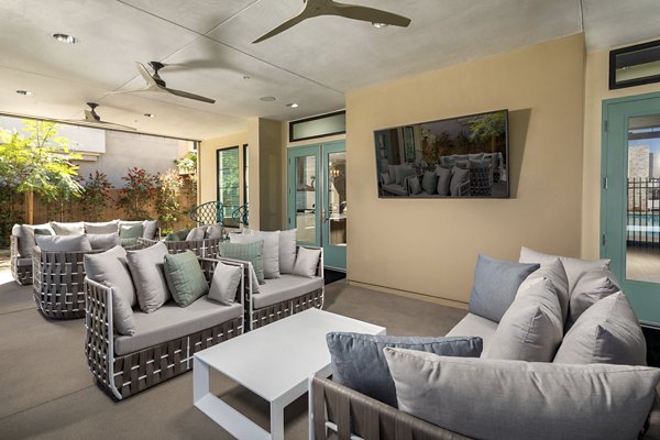 Inviting courtyard with landscaped gardens at SolTerra Apartments, a luxury living community