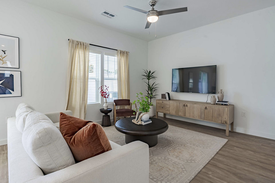 Living room with contemporary decor at Adaptive Image Eden Magnolia Village Apartments