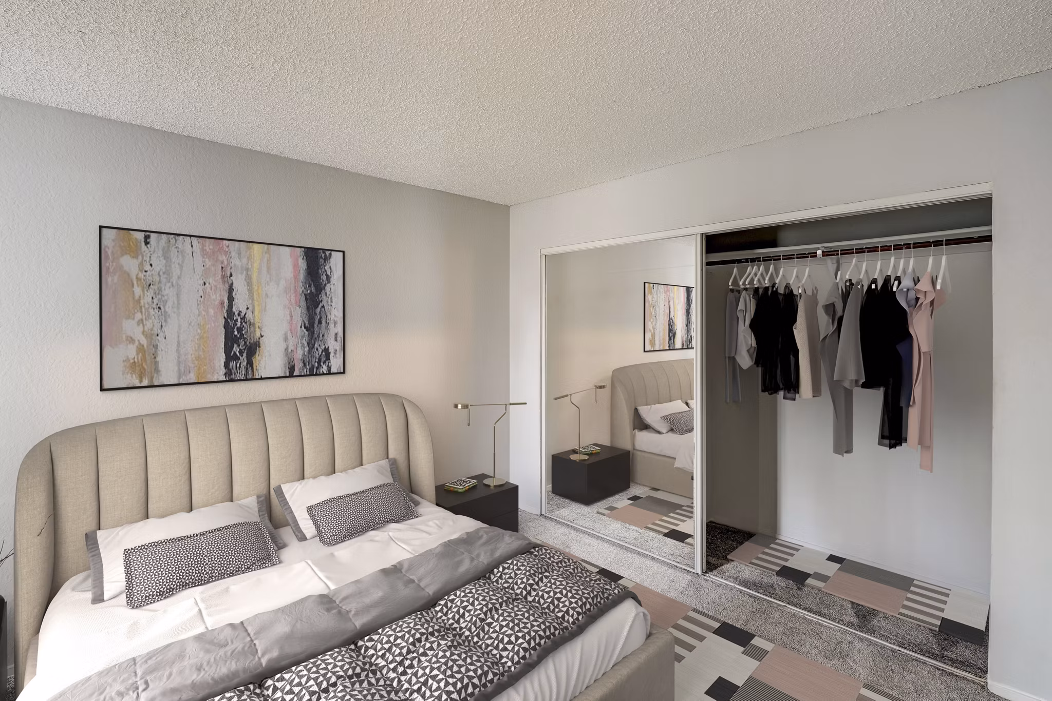 Cozy bedroom with neutral decor at Sundance Apartments