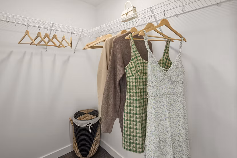 Walk-in closet with custom shelving in Prose Kent Station Apartments