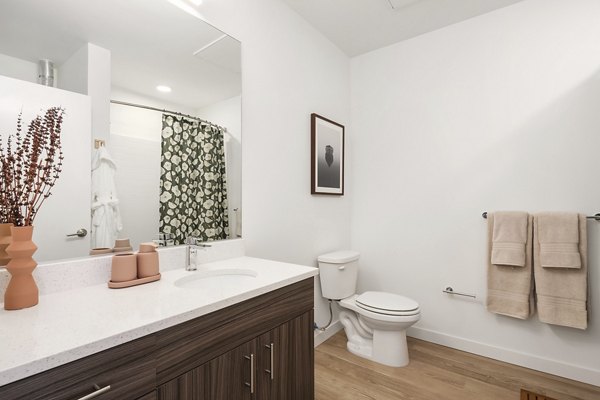 Bright bathroom with modern fixtures at Prose Kent Station Apartments, featuring a luxurious vanity and spacious shower area