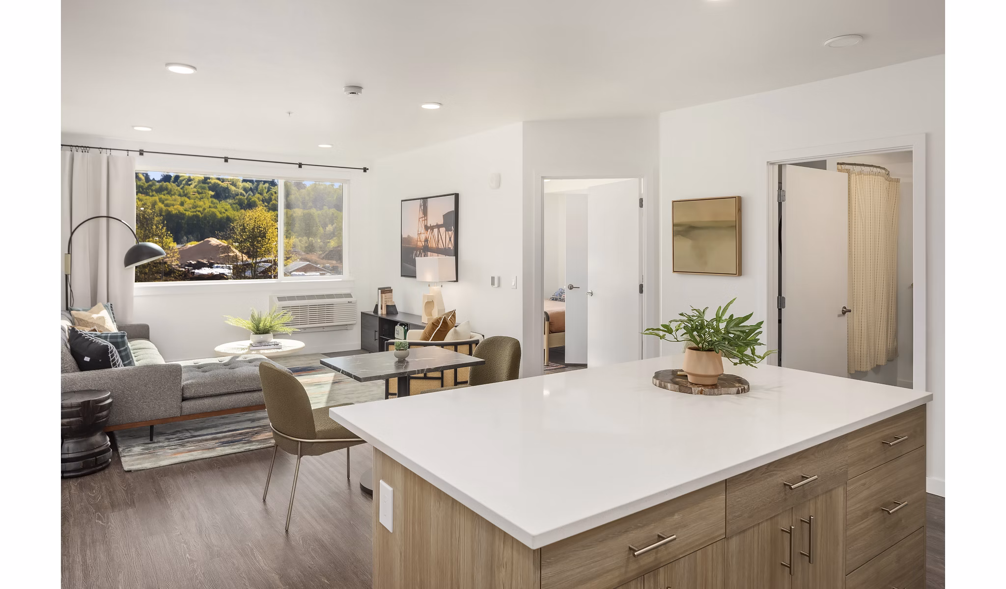 Spacious living area with modern furnishings in Prose Kent Station Apartments