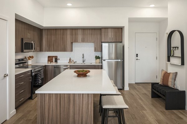 Modern kitchen with stainless steel appliances and granite countertops at Prose Kent Station Apartments