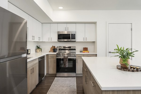 Modern kitchen with stainless steel appliances and sleek countertops at Prose Kent Station Apartments, offering luxury living spaces