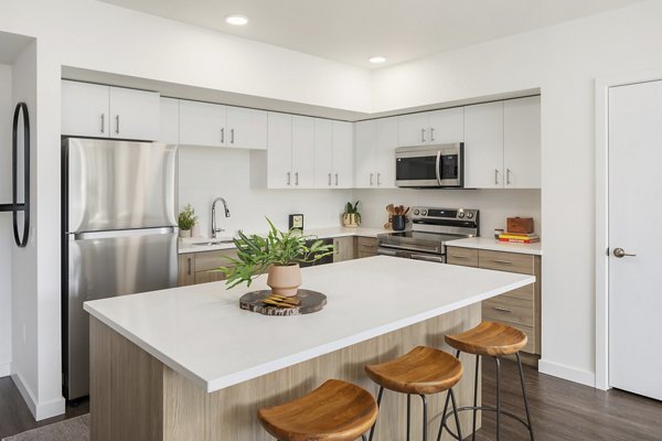 Modern kitchen featuring sleek countertops and stainless steel appliances at Prose Kent Station Apartments