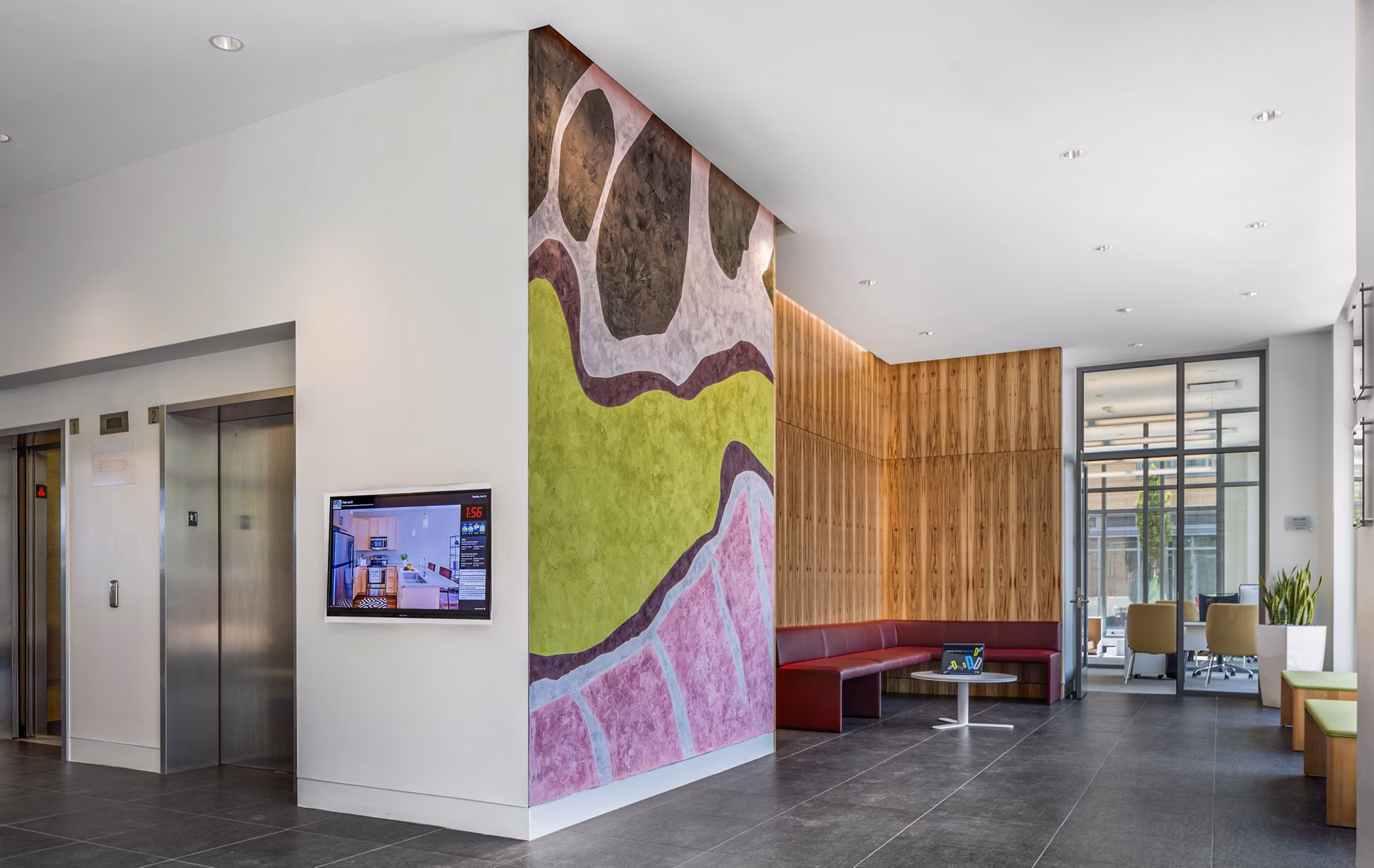 Clubhouse lobby with contemporary decor at Flats on D Apartments