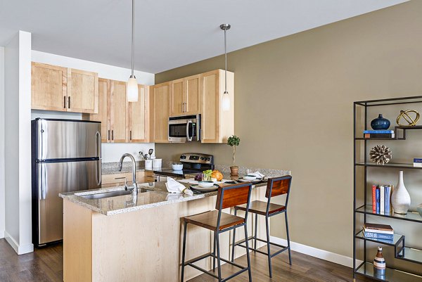 Modern kitchen with stainless steel appliances at Flats on D Apartments