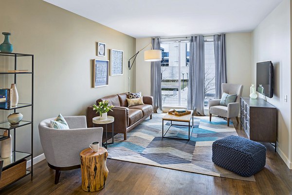 Modern living room with stylish decor at Flats on D Apartments, luxury option in urban setting