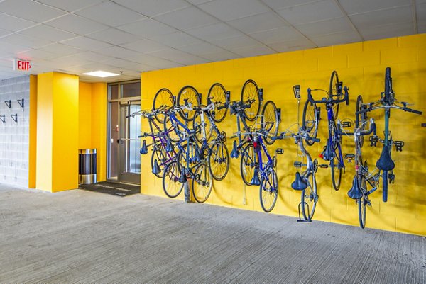 Secure bike storage facility at Flats on D Apartments, ideal for urban cyclists and residents seeking convenient amenities in a vibrant community
