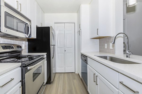 Modern kitchen with stainless steel appliances at City Park in The Heights Apartments
