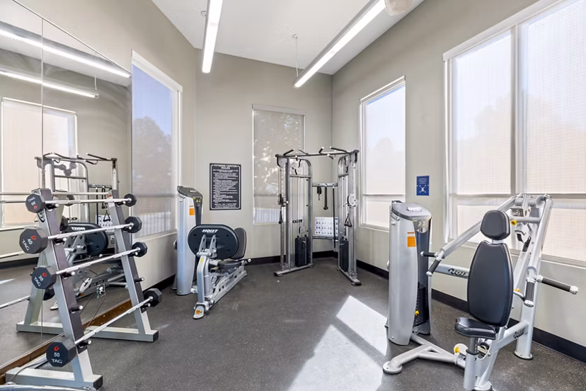 State-of-the-art fitness center with modern equipment at Belmar Villas Apartments, a Greystar luxury residence