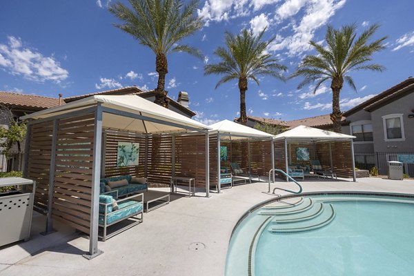 â€œResort-style pool with lounge seating at Cyan at Green Valley Apartmentsâ€
