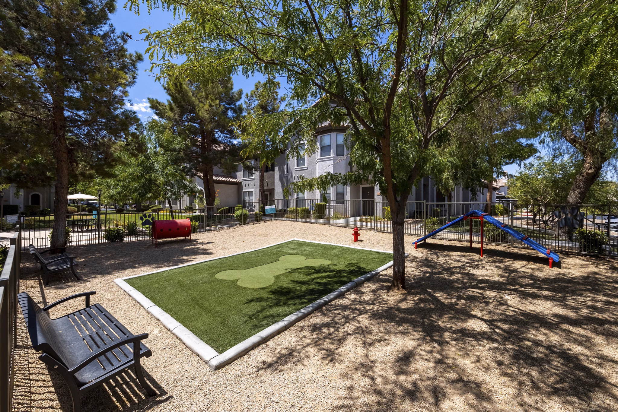 Spacious dog park with agility course at Milano Apartments