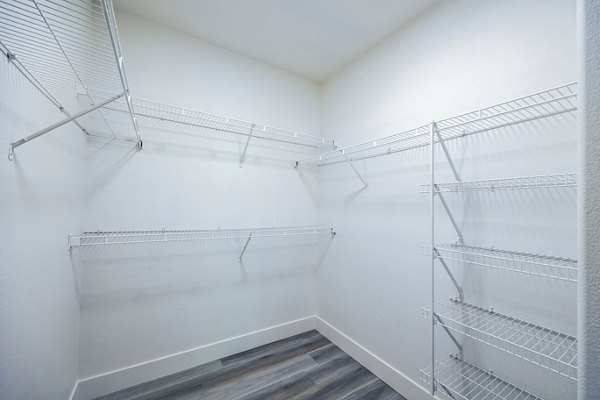 Spacious bedroom closet with custom shelving at The Presley at Whitney Ranch Apartments