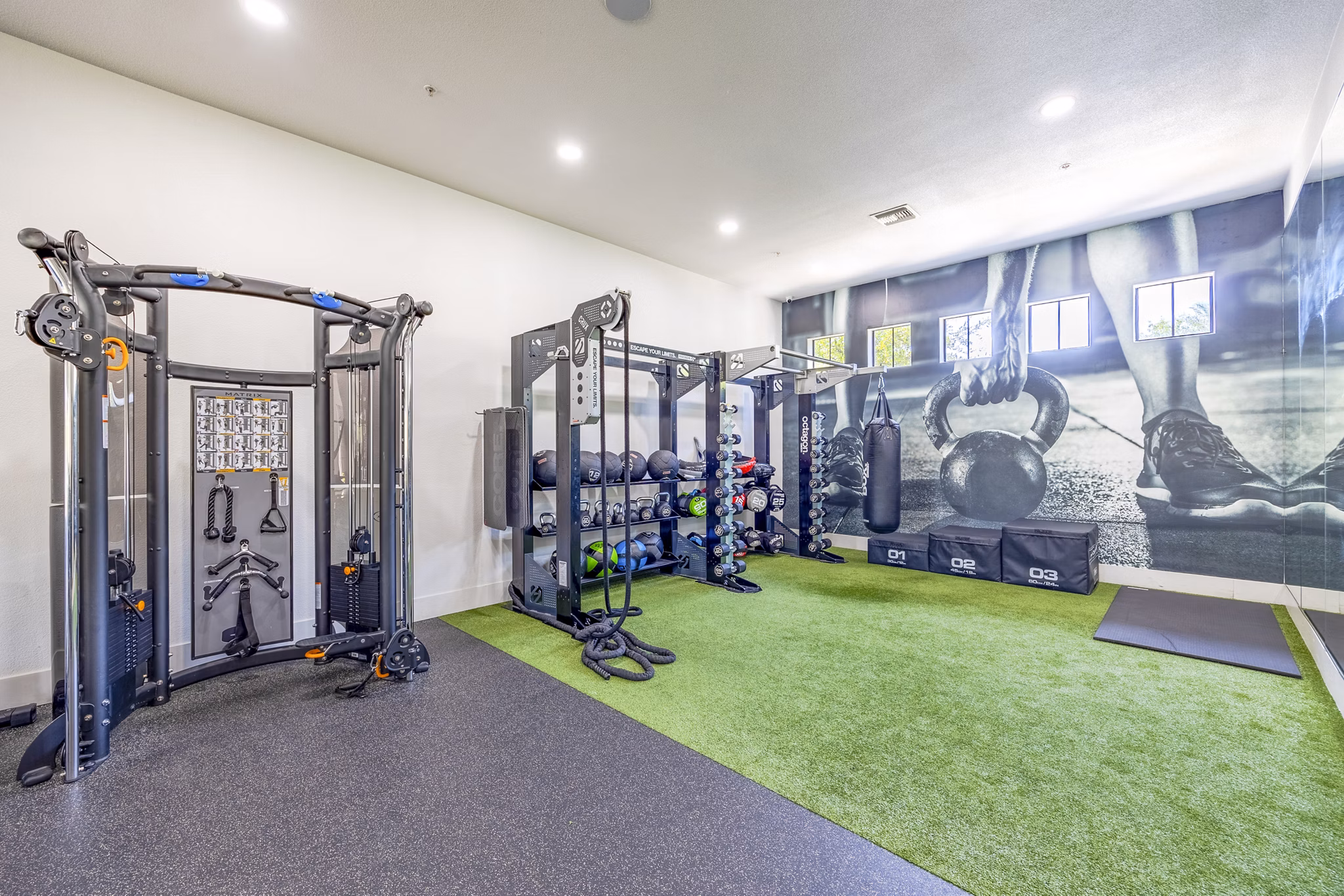 Modern fitness center with top-tier equipment at The Presley at Whitney Ranch Apartments, ideal for residents seeking an active lifestyle
