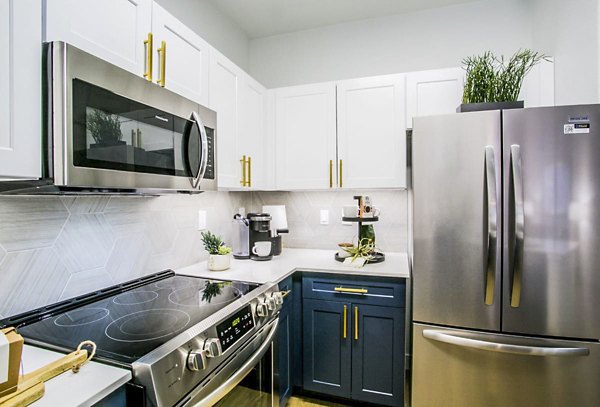 Modern kitchen with stainless steel appliances in The Presley at Whitney Ranch Homes apartments