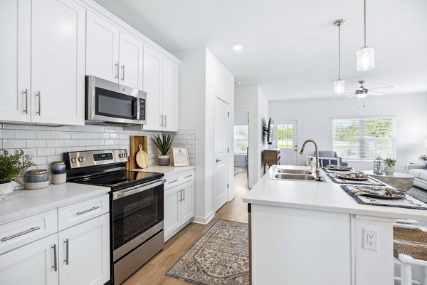 Modern kitchen with stainless steel appliances in River Rock at Blume Road Apartment Homes