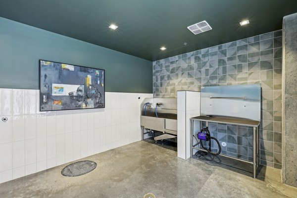 Dog care center with grooming stations at The Navigator Apartments, a pet-friendly luxury community by Greystar